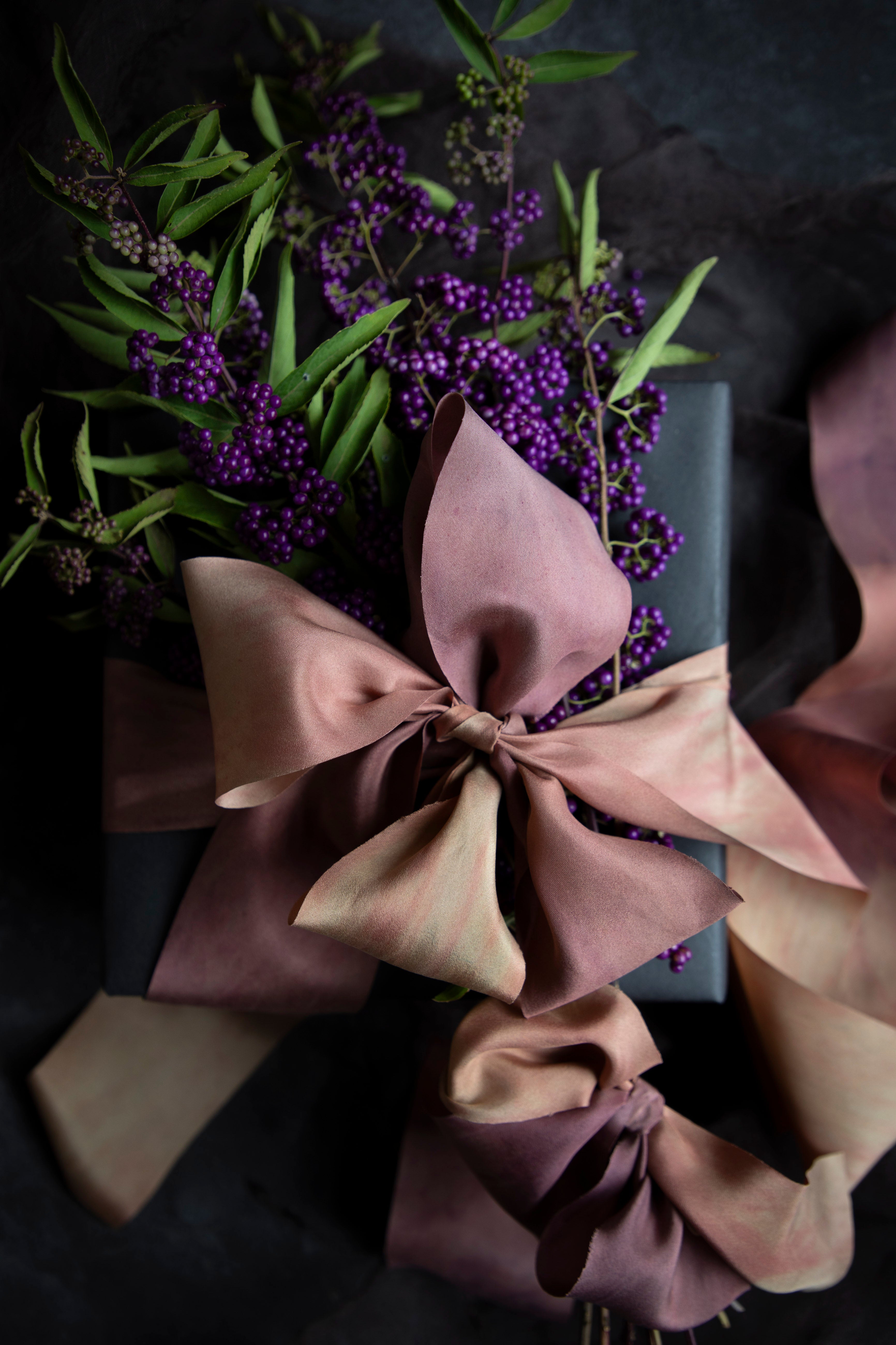 gift wrapping inspiration with hand dyed custom silk ribbons