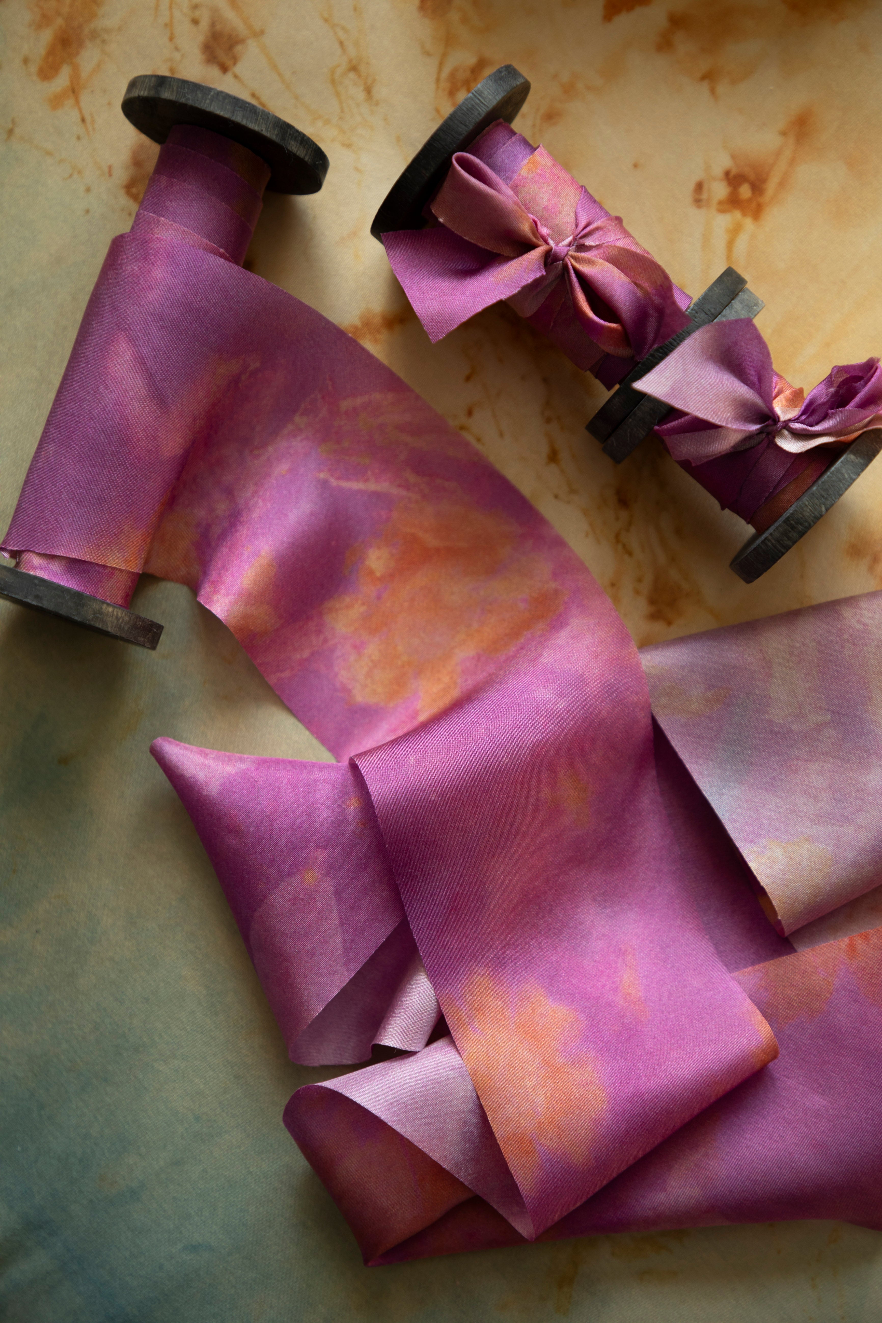 Eco-friendly silk ribbons with nature-inspired patterns, perfect for unique gift wrapping and tying market bouquets, crafted from sustainable materials