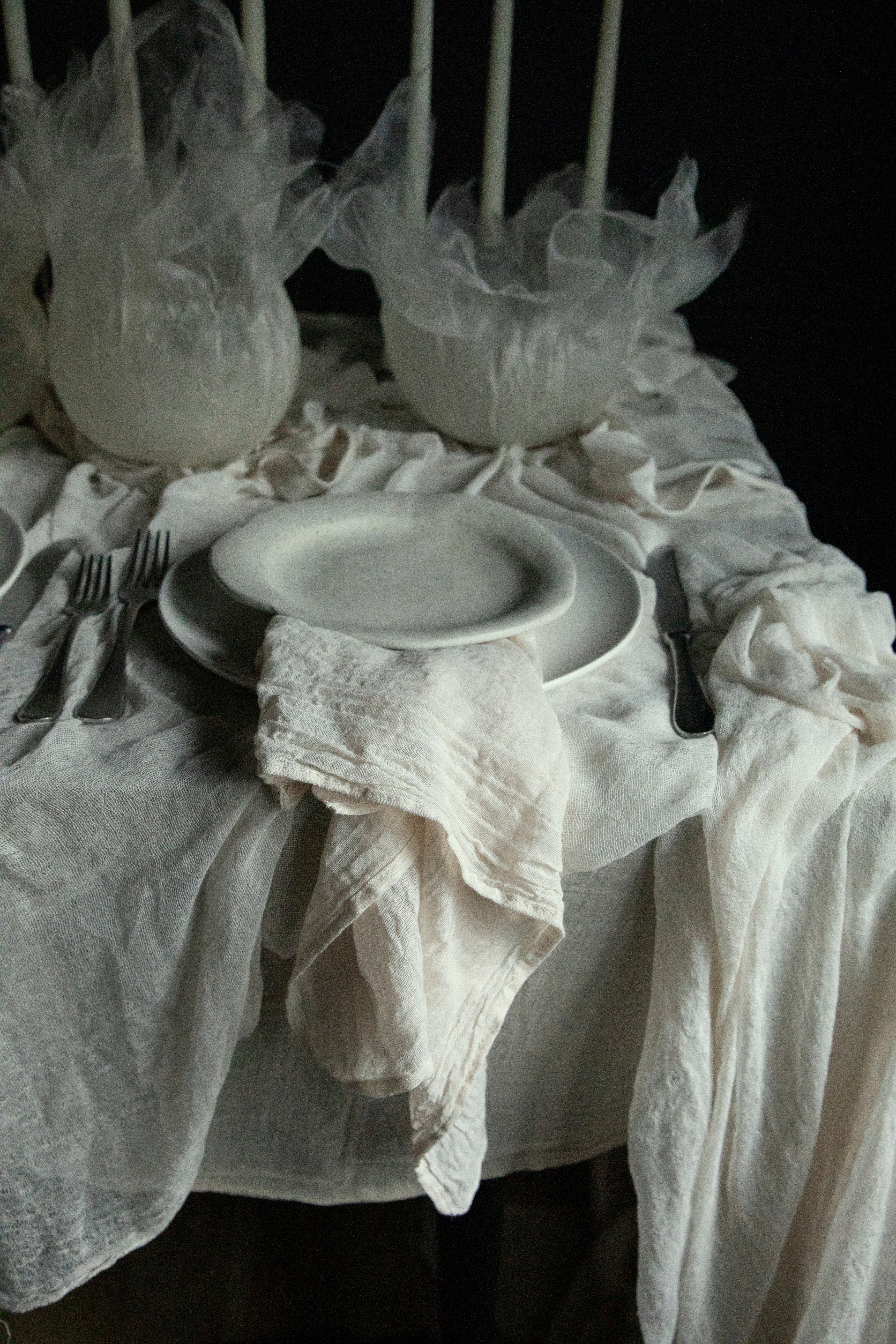 handmade luxury napkins for creating bespoke tablescape designs. sustainable, eco-friendly wedding and event table decor. 