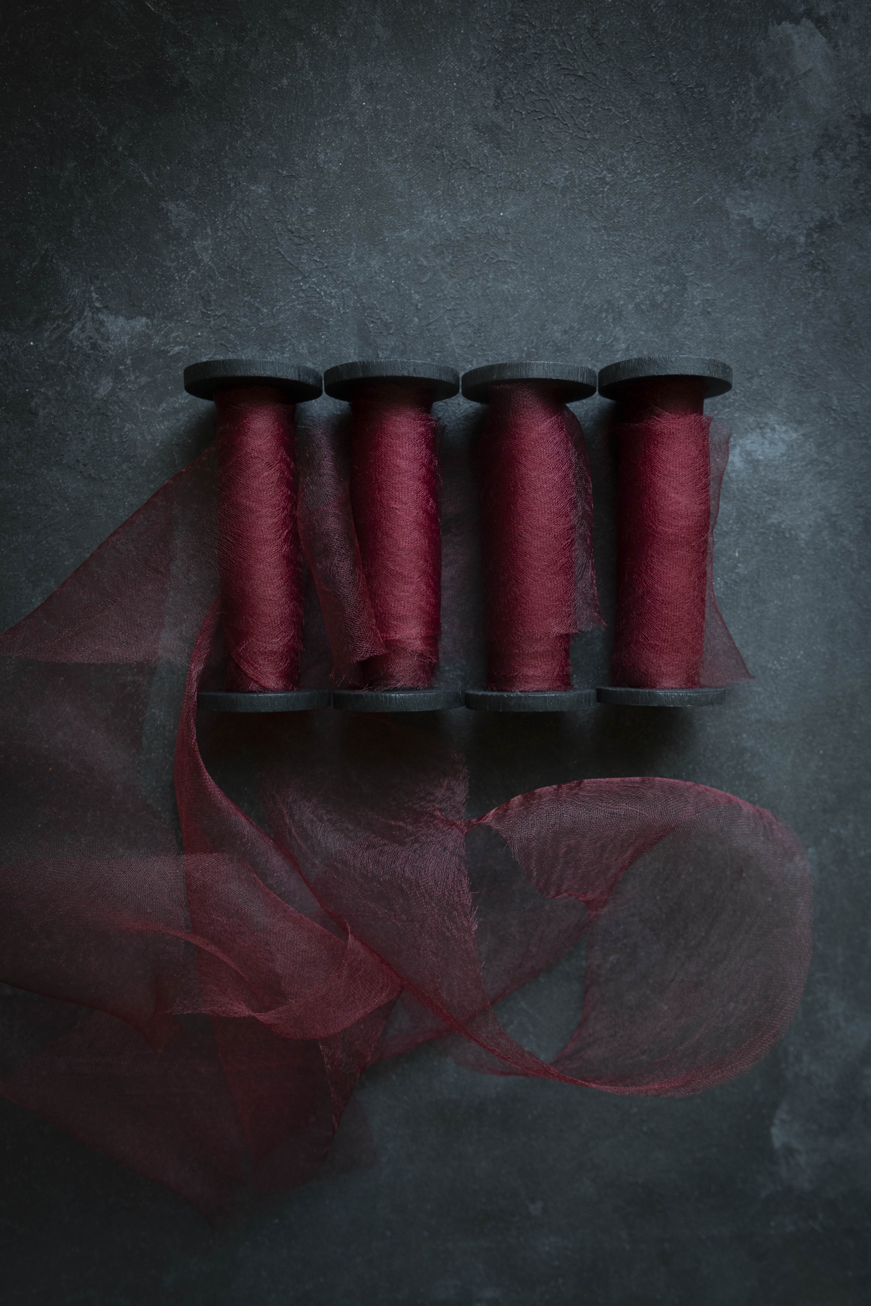Deep Red Silk Ribbon / Hand Dyed Silk ribbon on Wood Spool - Shop