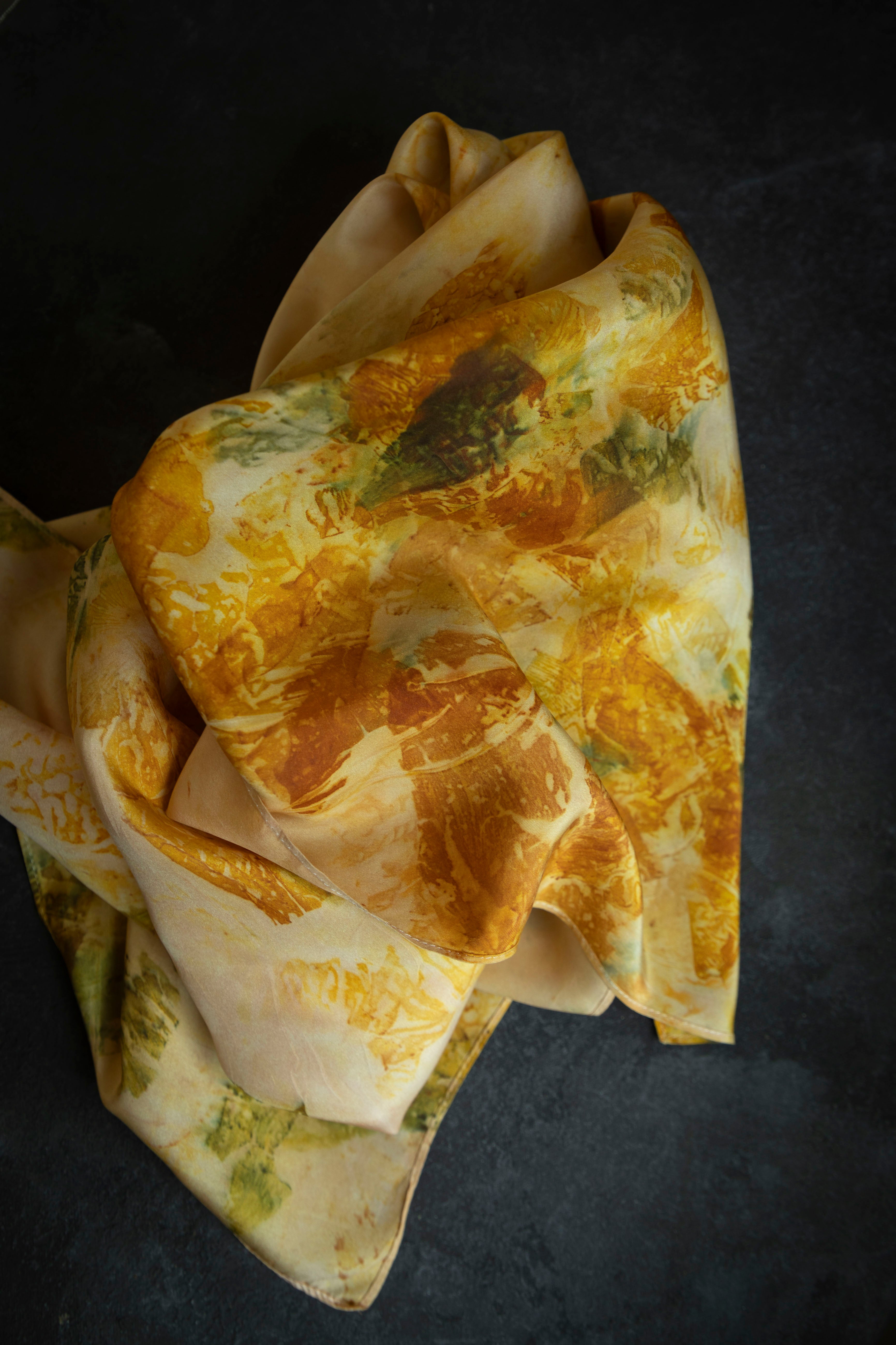 Painted long khaki silk scarf, newest botanical handprint with real leaves, pure silk 100%