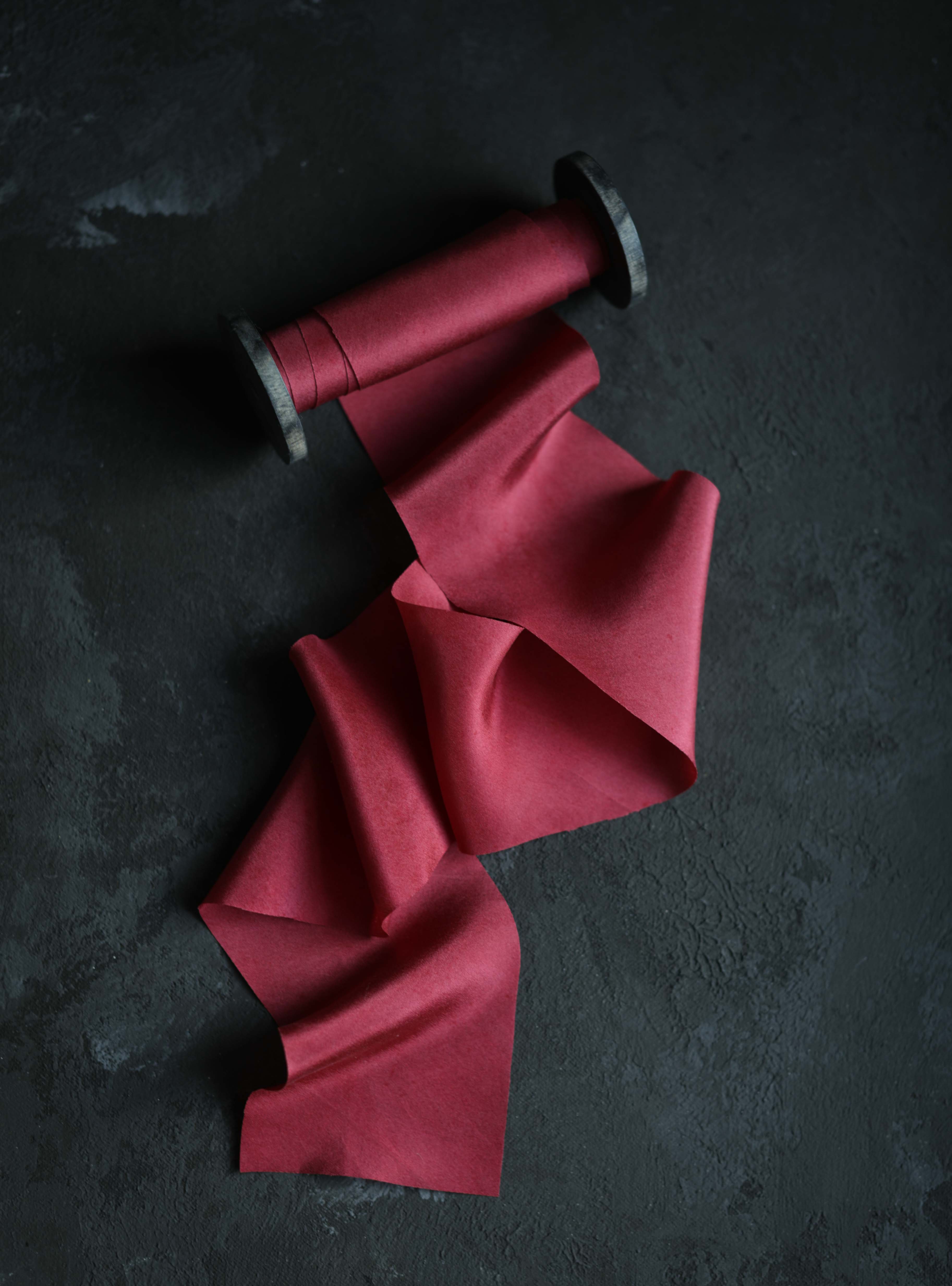 Deep Red Silk Ribbon / Hand Dyed Silk ribbon on Wood Spool - Shop